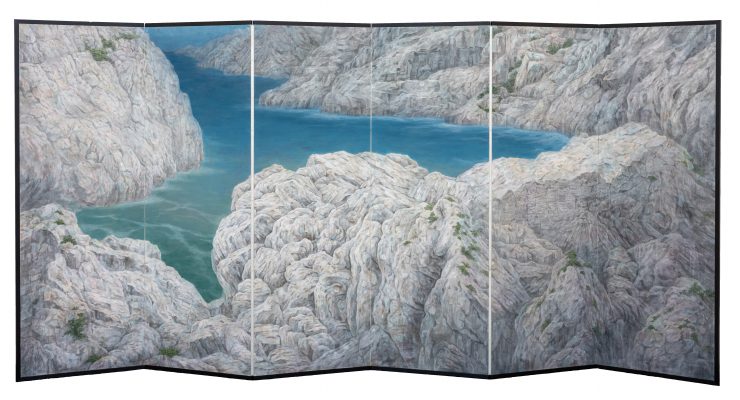 松風閣畫廊_Kuan Hsien WANG王冠賢_White Stones白石圖_Hemp Paper, Mineral Pigments, Water-based Pigments, Ink, and Metal Leaf麻紙、礦物顏料、水干顏料、墨、金屬箔_174 x 372 cm_2022 - 松風閣畫廊