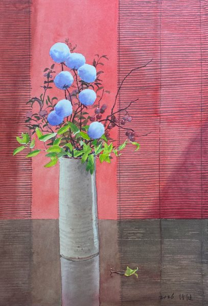 譚行健 | 隔簾紅牆 | 水彩 |  56 x 38 公分 | 2026