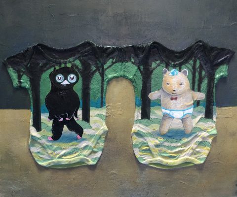 gallery UG_Ryosuke KAWAHIRA_Forest Bears_acrylic, rompers, paper on canvas_72.7 x 60.6 cm_2021 - Overseas UG
